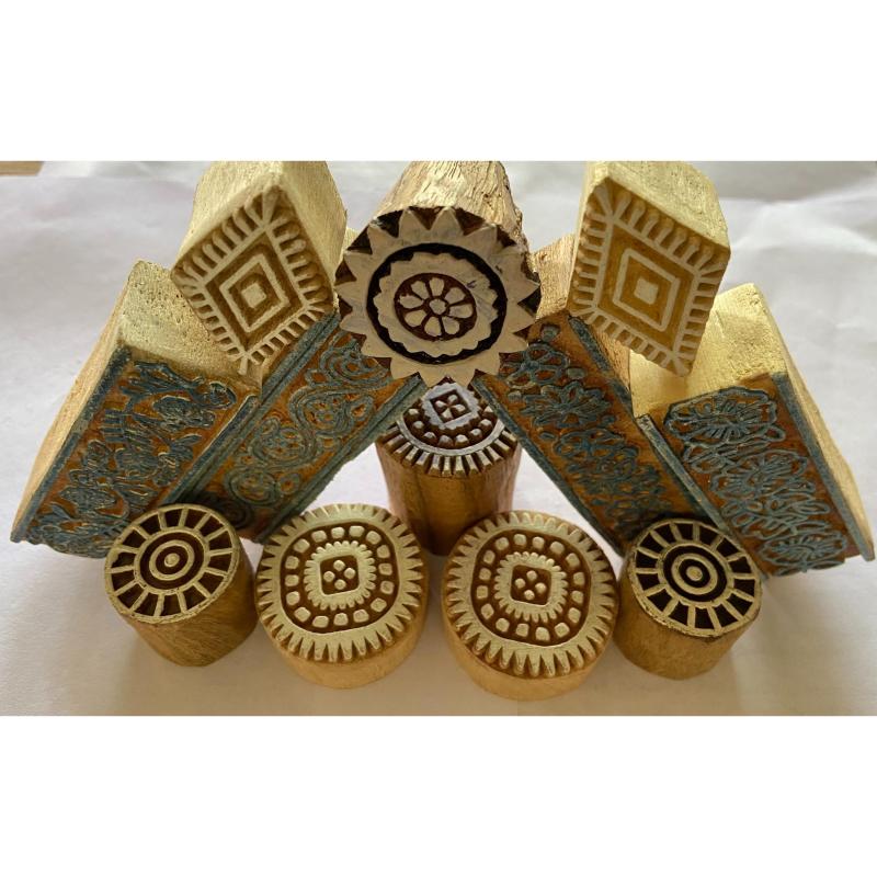 Handcarved Wooden Printing Blocks Set | Floral, Circular & Geometric Stamps for Fabric, Clay, Paper & Textile Printing – 12 Blocks