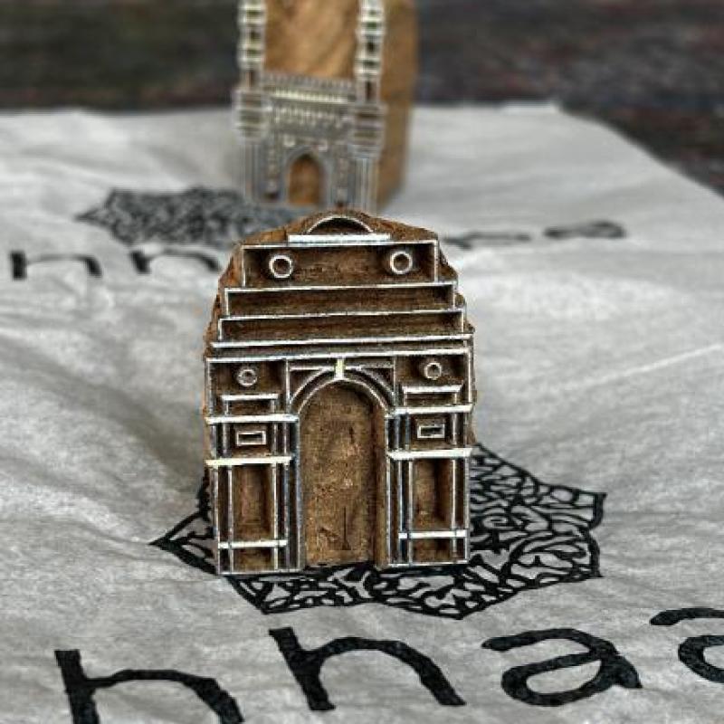 India Gate Monument Block Print Stamp | Architectural Hand-Carved Wood Block for Fabric, Clay, Paper |Custom Landmark Stamps