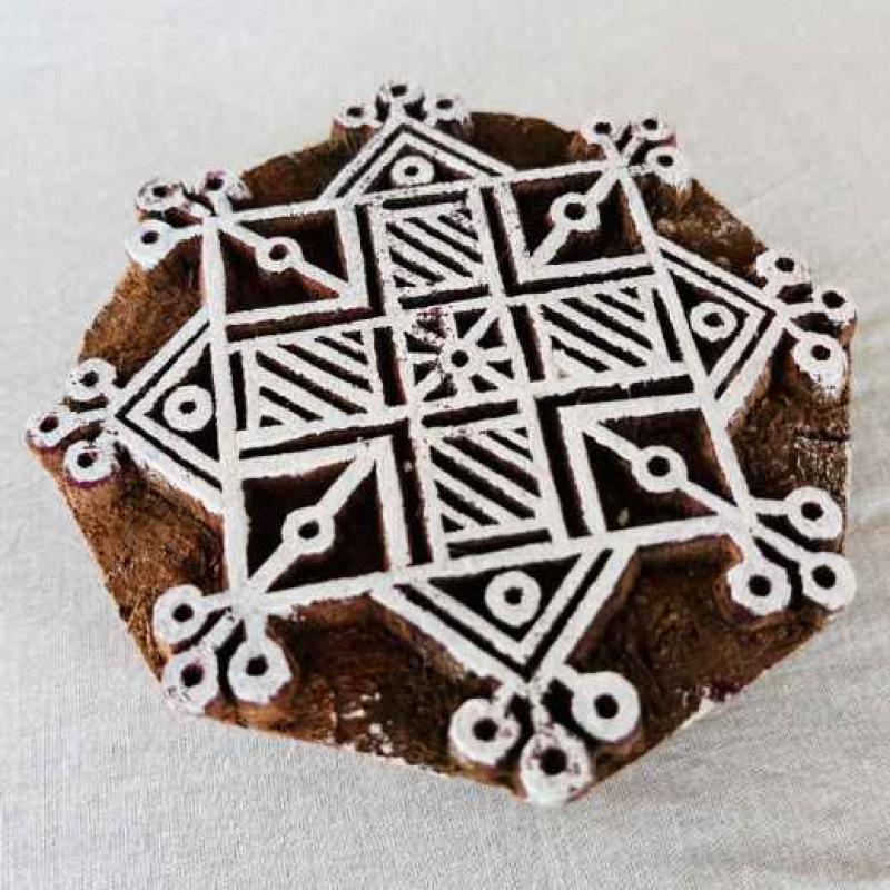 Geometric Mandala Wood Block Stamp | Hand-Carved Sheesham Printing Block for Fabric & Clay | Indian Tribal Design Stamp