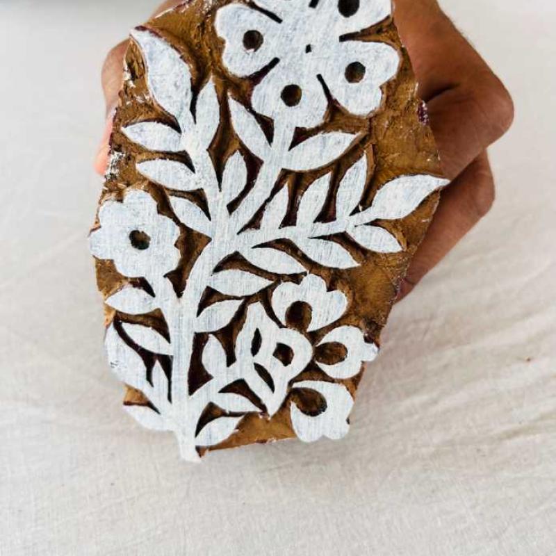 Floral Vine Wooden Block Stamp | Hand-Carved Sheesham Wood Printing Stamp for Fabric, Paper & Clay | Botanical Design
