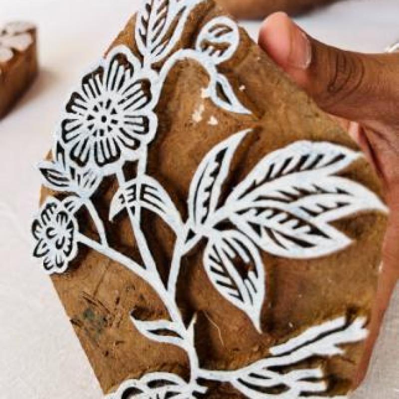 Floral Vine Wooden Block Stamp | Hand-Carved Sheesham Wood Print Block | Indian Wood Stamp for Fabric, Paper & Pottery