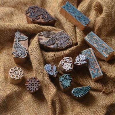 Floral & Fish Wooden Printing Block Set | Handmade Indian Wood Stamps for Fabric, Paper Clay