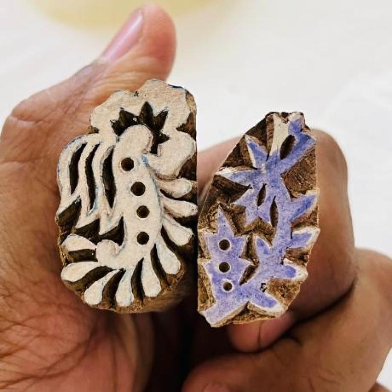 Floral Wood Block Stamp Set of 2 | Hand-Carved Indian Wooden Printing Blocks | Chhaape Botanical Stamp for Fabric, Pottery, Crafts & DIY Art