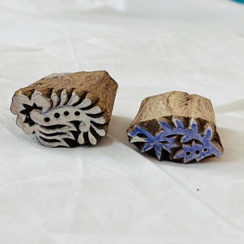 Floral Wood Block Stamp Set of 2 | Hand-Carved Indian Wooden Printing Blocks | Chhaape Botanical Stamp for Fabric, Pottery, Crafts & DIY Art