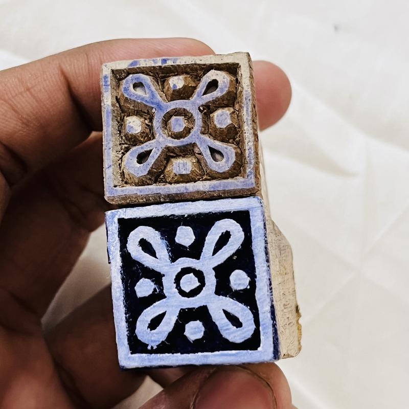 Set of 2 Square Wood Block Stamps | Mini Geometric Pattern Printing Blocks | Hand-Carved Indian Wooden Stamps by Chhaape for Fabric, Crafts