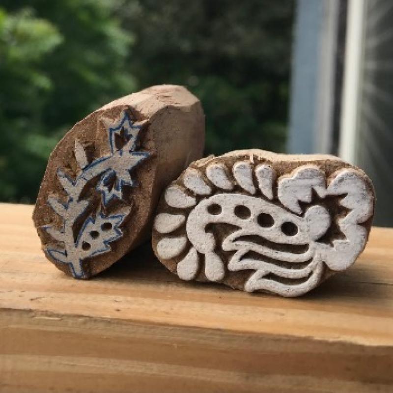 Floral Wood Block Stamp Set of 2 | Hand-Carved Indian Wooden Printing Blocks | Chhaape Botanical Stamp for Fabric, Pottery, Crafts & DIY Art