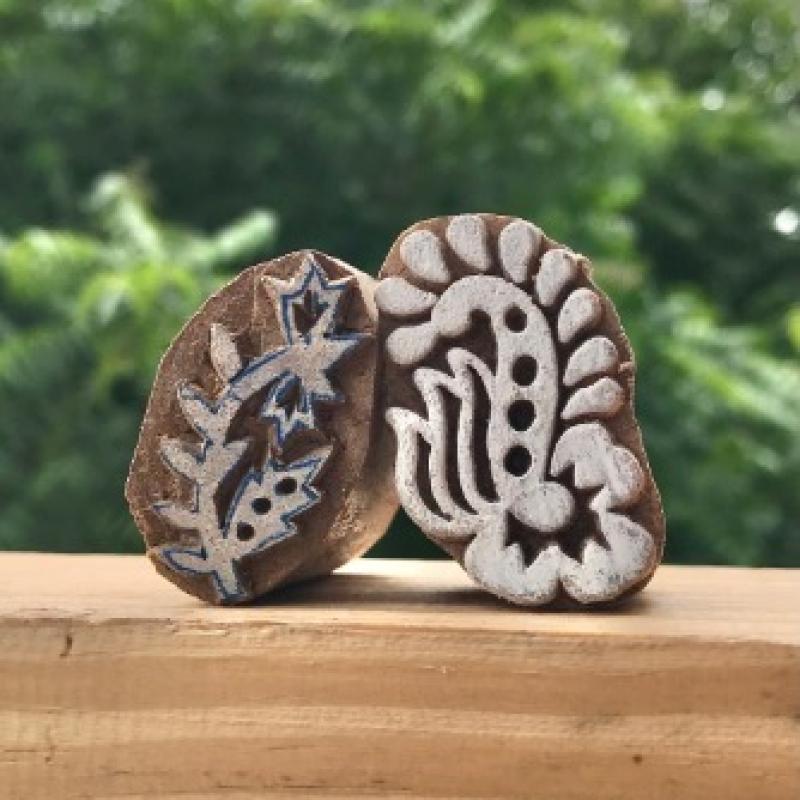 Floral Wood Block Stamp Set of 2 | Hand-Carved Indian Wooden Printing Blocks | Chhaape Botanical Stamp for Fabric, Pottery, Crafts & DIY Art