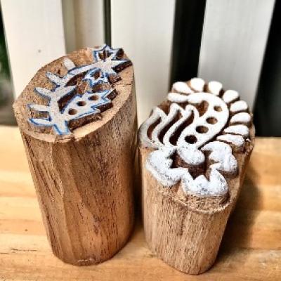 Floral Wood Block Stamp Set of 2 | Hand-Carved Indian Wooden Printing Blocks | Chhaape Botanical Stamp for Fabric, Pottery, Crafts & DIY Art