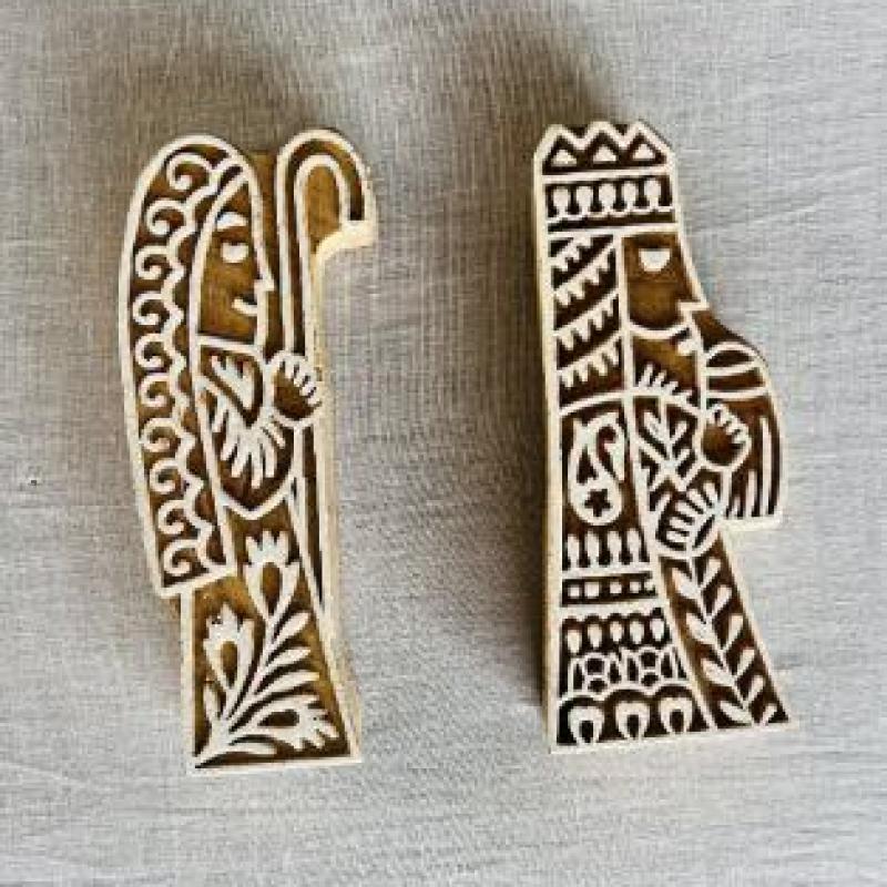 Hand-Carved Wooden Block Stamp Set – King & Queen Motif | Royal Couple Block Print | Indian Wood Stamp for Fabric, Clay, Paper, Crafts
