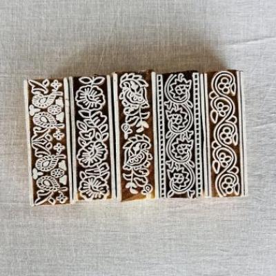 Hand-Carved Floral Border Block Stamp Set (5 Pieces) | Wood Printing Blocks for Fabric, Paper & Clay | Indian Textile Tools | Boho Design
