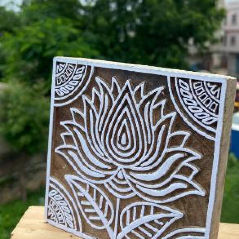 Lotus Flower Wooden Block Print Stamp – Hand carved Square Design Handmade Stamp Wooden By Sheesham Stamp Paper And Fabric Print Stamp