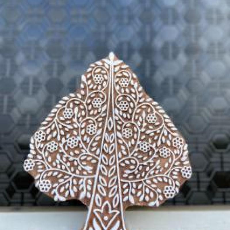 Floral Tree Hand carved Wooden Block Print Stamp Wooden Sheesham Block Stamp Paper & Fabric print Pack of 1 (White Engraved)