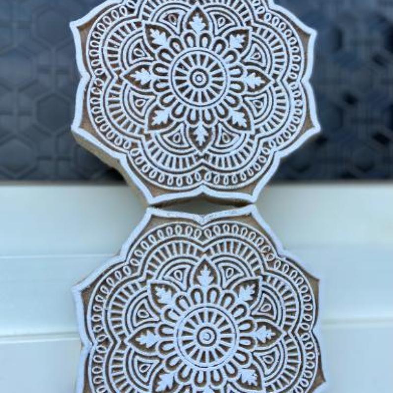 Mandala Round Wooden Block Print Stamp Paper And Fabric Print Block Stamp Hand Carved Set of 2 (White Engraved)