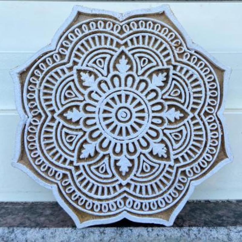 Mandala Round Wooden Block Print Stamp Paper And Fabric Print Block Stamp Hand Carved Set of 2 (White Engraved)