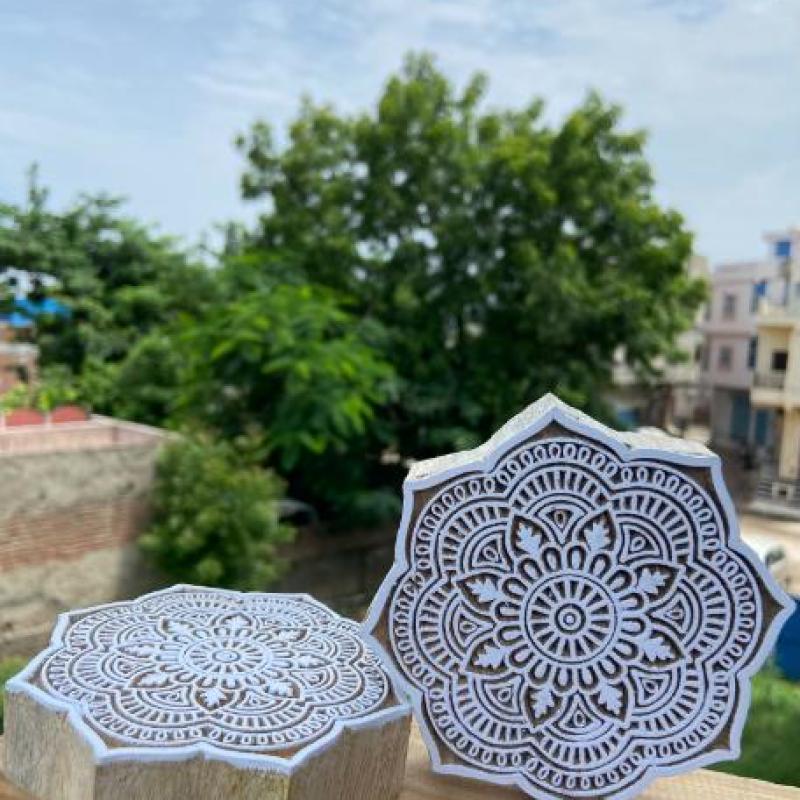 Mandala Round Wooden Block Print Stamp Paper And Fabric Print Block Stamp Hand Carved Set of 2 (White Engraved)
