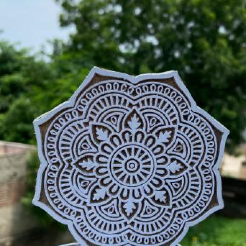 Mandala Round Wooden Block Print Stamp Paper And Fabric Print Block Stamp Hand Carved Set of 2 (White Engraved)