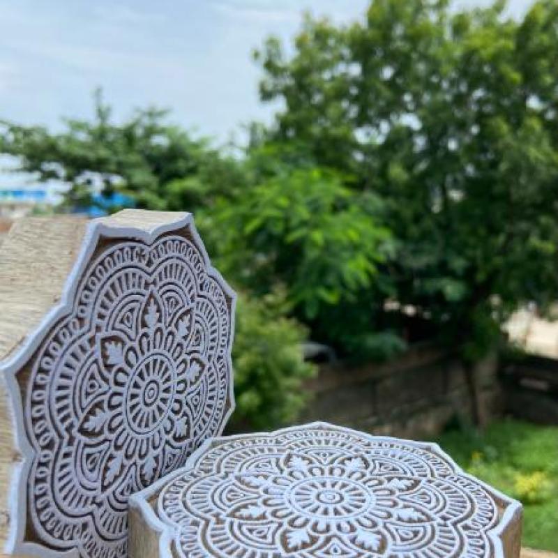 Mandala Round Wooden Block Print Stamp Paper And Fabric Print Block Stamp Hand Carved Set of 2 (White Engraved)