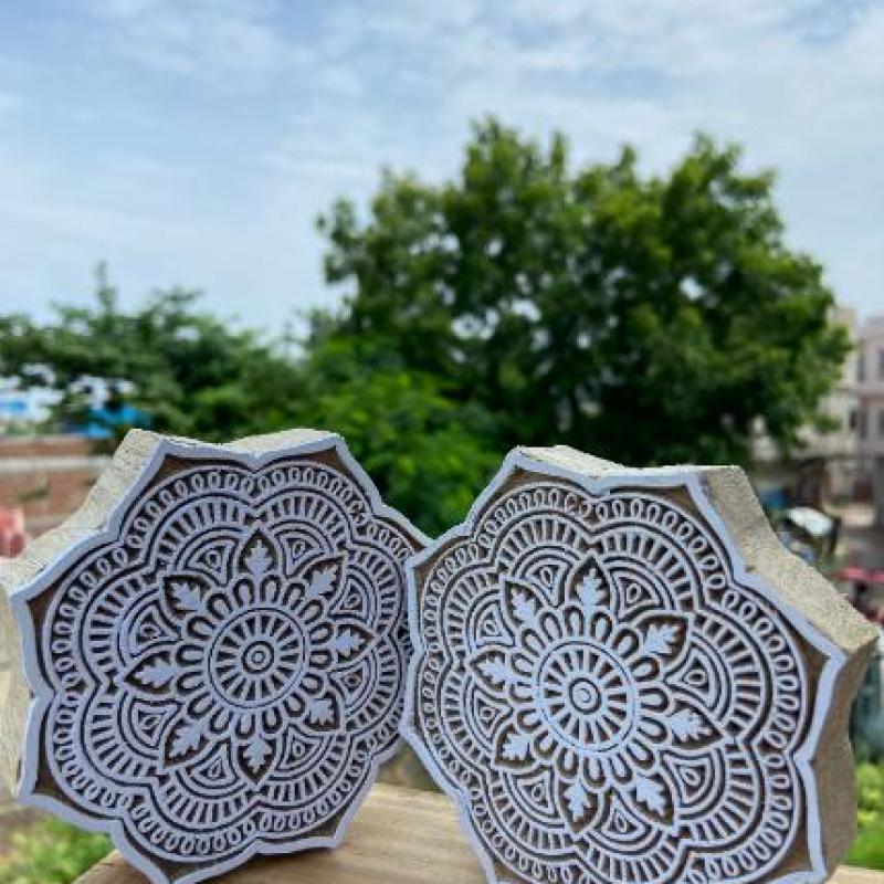 Mandala Round Wooden Block Print Stamp Paper And Fabric Print Block Stamp Hand Carved Set of 2 (White Engraved)