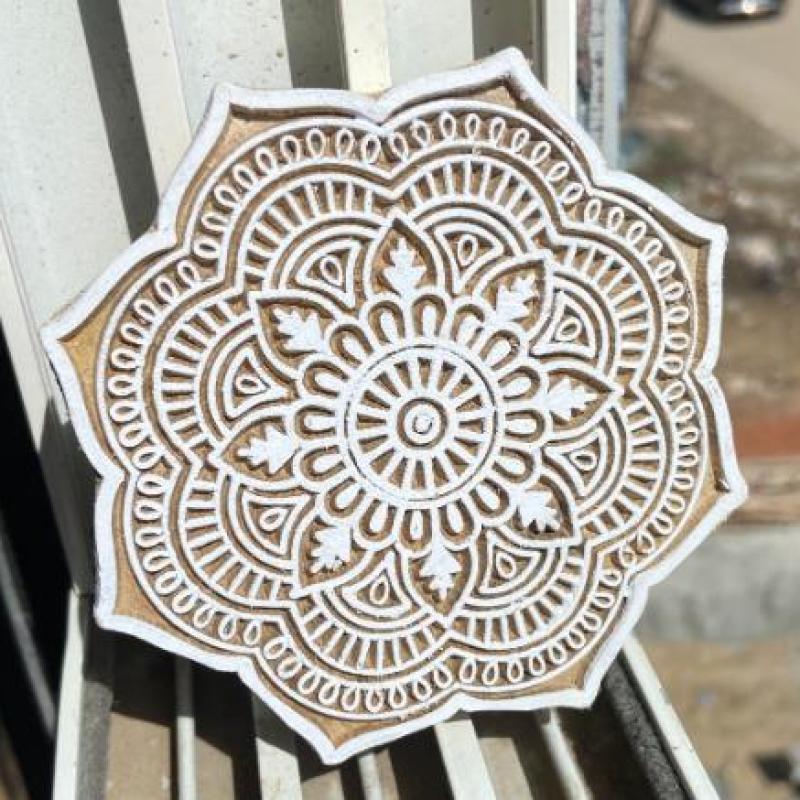 Mandala Round Wooden Block Print Stamp Paper And Fabric Print Block Stamp Hand Carved Set of 2 (White Engraved)