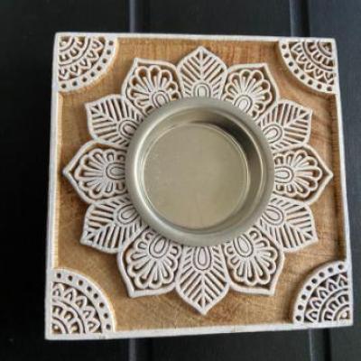 Handcrafted Square Wooden Block Candle Holder with Floral Mandala Carving