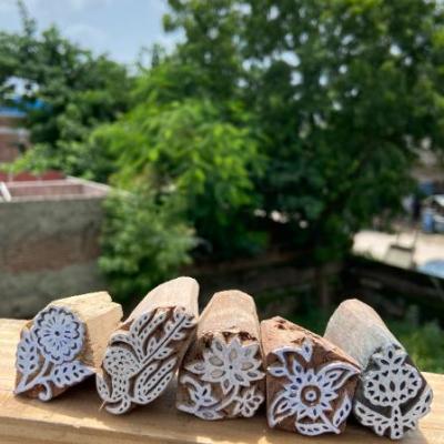 Pack of 5 Hand-Carved Wooden Leaf & Floral Block Prints Handmade Block Paper, Fabric Print Stamp Handmade Sheesham Wooden Block Print Stamp