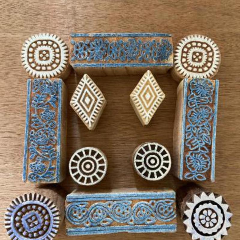 Handcarved Wooden Printing Blocks Set | Floral, Circular & Geometric Stamps for Fabric, Clay, Paper & Textile Printing – 12 Blocks