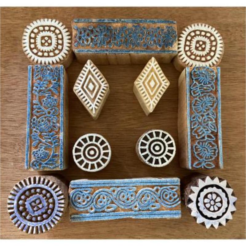 Handcarved Wooden Printing Blocks Set | Floral, Circular & Geometric Stamps for Fabric, Clay, Paper & Textile Printing – 12 Blocks