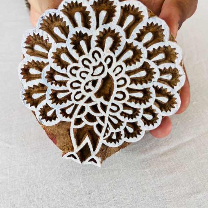 Peacock Feather Burst Wooden Block Stamp for Fabric, Pottery & Crafts | Folk Art Boho Design