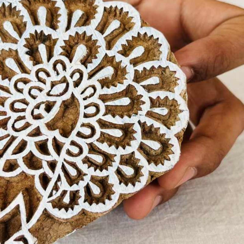 Peacock Feather Burst Wooden Block Stamp for Fabric, Pottery & Crafts | Folk Art Boho Design