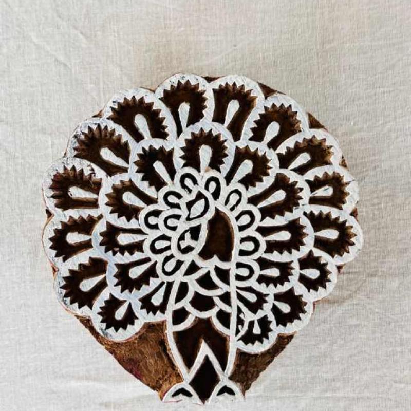 Peacock Feather Burst Wooden Block Stamp for Fabric, Pottery & Crafts | Folk Art Boho Design