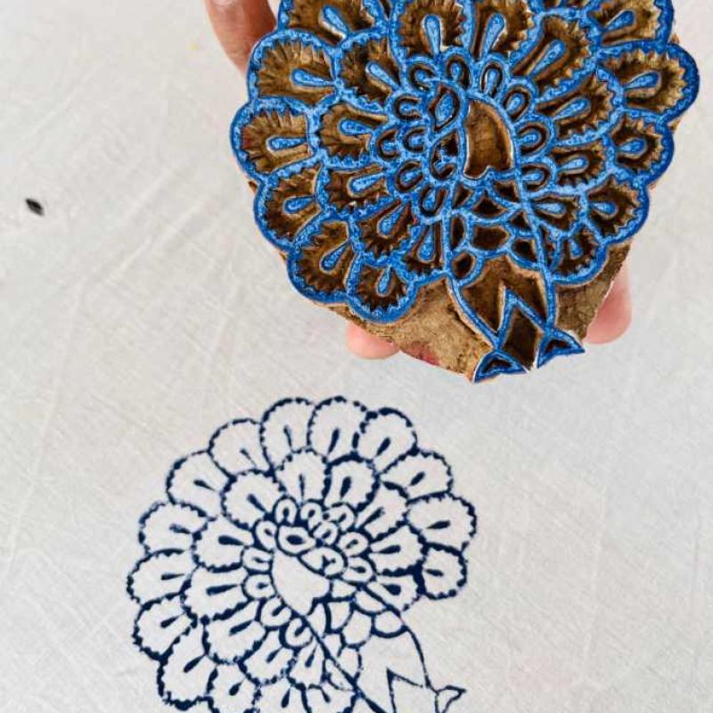 Peacock Feather Burst Wooden Block Stamp for Fabric, Pottery & Crafts | Folk Art Boho Design