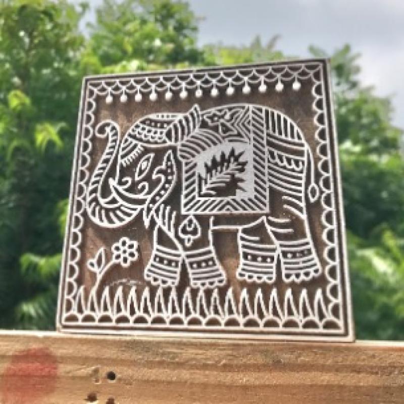 Majestic Elephant Wood Block Stamp Folk Art Motif for Fabric, Paper .
