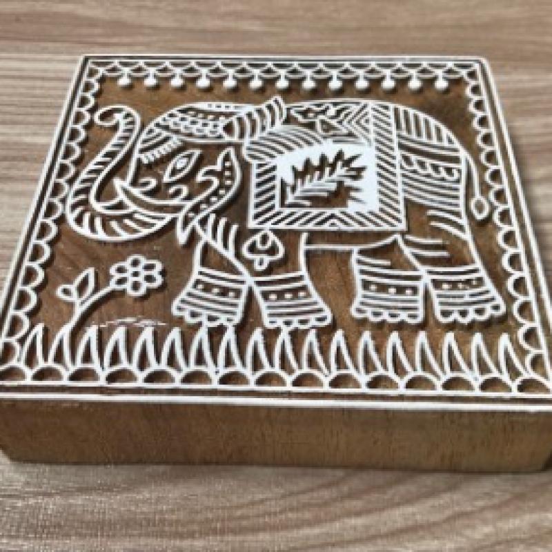 Majestic Elephant Wood Block Stamp Folk Art Motif for Fabric, Paper .