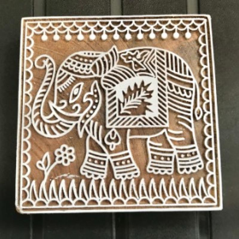 Majestic Elephant Wood Block Stamp Folk Art Motif for Fabric, Paper .