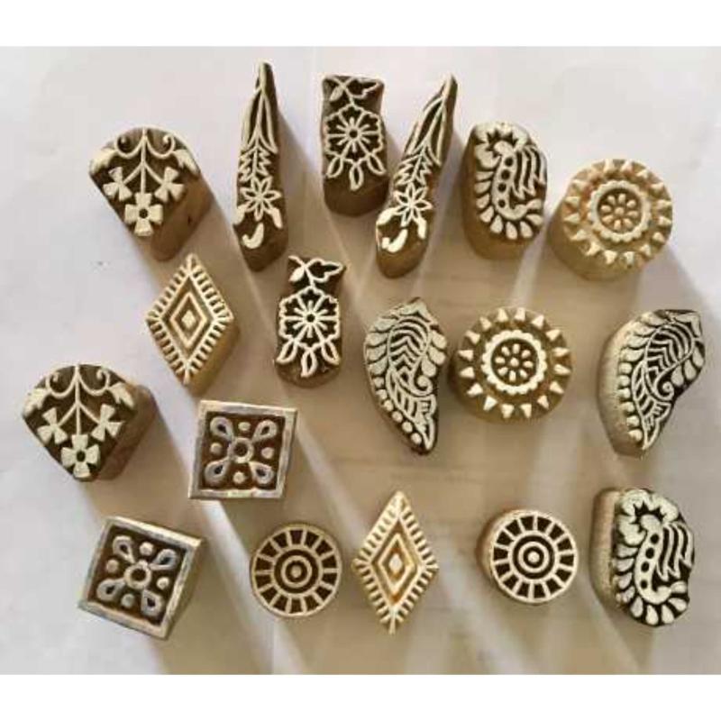 Handcarved Wooden Printing Blocks Set | Floral, Paisley & Geometric Stamps for Fabric, Paper, Clay & Textile Printing – 18 Blocks