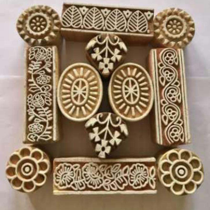 Hand Carved Wooden Block Printing Stamp Set | Indian Floral Leaf Design Wood Blocks for Fabric, Textile Clay & Paper Printing 12 Blocks