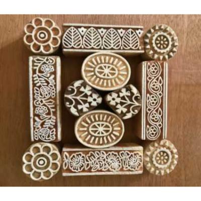 Hand Carved Wooden Block Printing Stamp Set | Indian Floral Leaf Design Wood Blocks for Fabric, Textile Clay & Paper Printing 12 Blocks