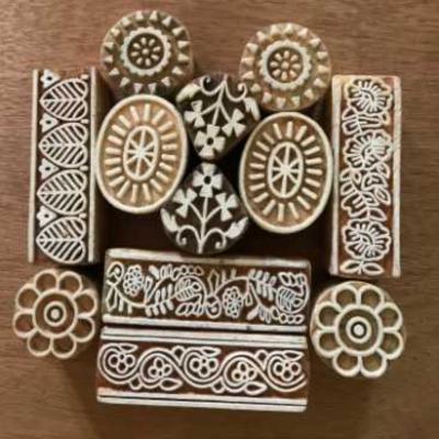 Hand Carved Wooden Block Printing Stamp Set | Indian Floral Leaf Design Wood Blocks for Fabric, Textile Clay & Paper Printing 12 Blocks
